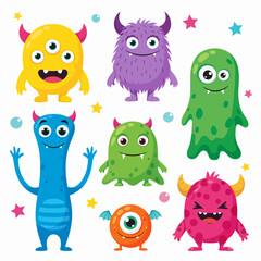 Four cute monster icon set line. Cartoon kawaii funny baby character. Eyes, horns, fang teeth. Happy Halloween. Childish style. Colorful silhouette. Sticker print. Flat design. White background Vector