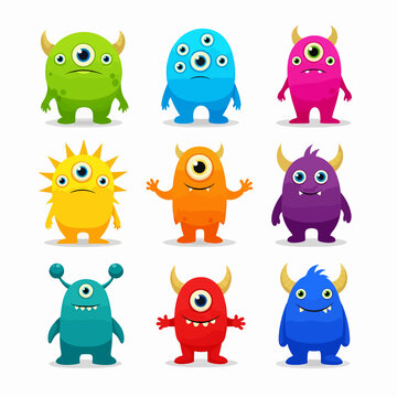 Naklejki Monster set. Happy Halloween. Colorful smiling monsters. Cartoon kawaii funny boo character. Cute face head. Childish baby collection. Sticker print. White background. Flat design. Vector illustration