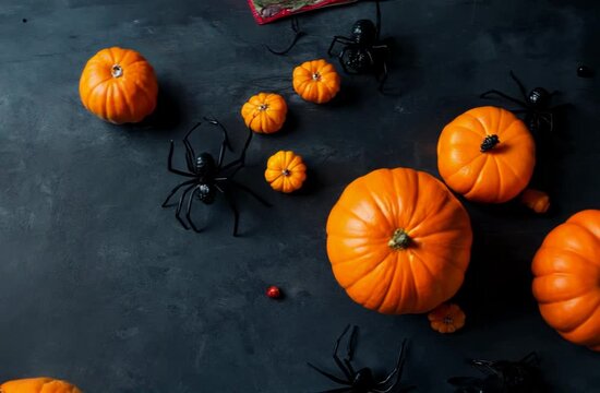 Large and small orange pumpkins and black plastic spiders lie scattered on a dark tabletop, surrounded by small colorful candies in a Halloween-themed autumn daytime scene Several bright orange pumpki