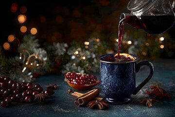 The process of serving hot mulled wine in a restaurant against a New Year's background