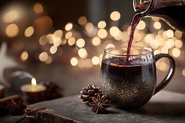 The process of serving hot mulled wine in a restaurant against a New Year's background