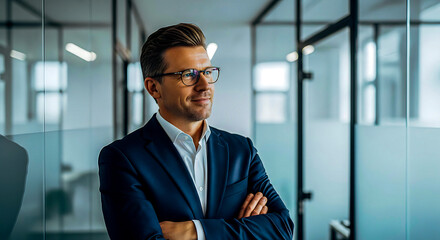 Obraz premium Confident businessman in suit with glasses standing in modern office hallway