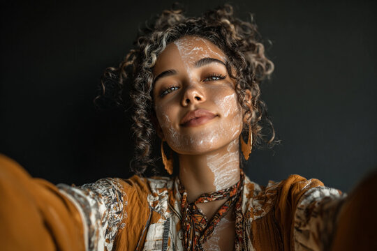 Portrait of a mixed-race woman with skin condition vitiligo posing for a selfie. Symbol of self-confidence and natural beauty diversity.