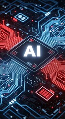 AI illustration of close up view of an advanced artificial intelligence circuit board with glowing elements and the AI symbol at the center