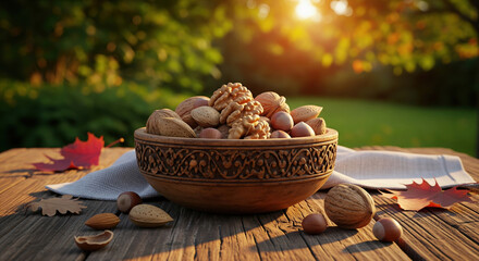 Wooden bowl of mixed nuts including walnuts and almonds on an outdoor table in autumn.