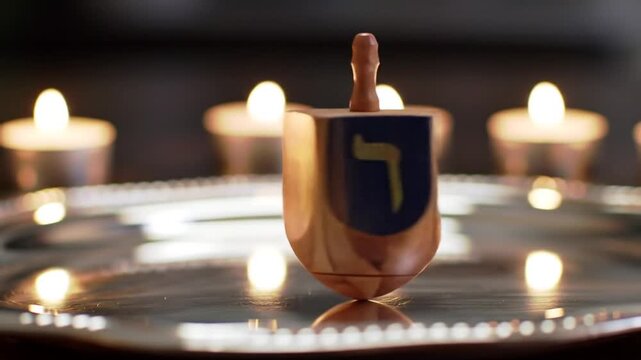 Wooden dreidel spins on a metallic tray with blurred candles glowing in the background soft warm light