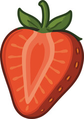 Red strawberry cut in half with green leaves fruit