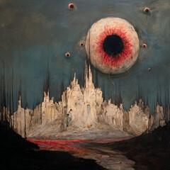 Ruined Castle Under Red Eye (Surreal Painting)