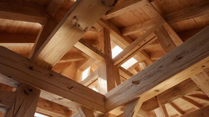 Raw Timber Frame Construction with Traditional Mortise and Tenon Woodworking Joinery Technique