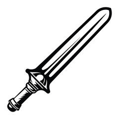 A stylized black fantasy sword with an elegant hilt dominates a minimalist, powerful vector