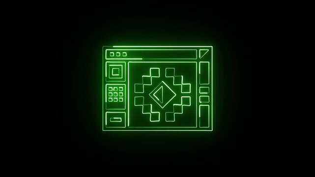 Glowing neon line pixel art with animation. Retro pixel icon HD video isolated on black background.