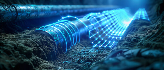 Electromagnetic wave scanning underground pipes scientific visualization glowing wave beams penetrating soil cutaway view showing pipes futuristic yet realistic infographic style