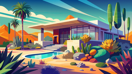 Very beautiful view of Kaufmann’s Desert House in Palm Springs, surrounded by diverse cacti and succulents, blending modern architecture with the serene desert landscape and radiant blue sky.