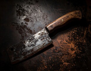 Rusty cleaver on textured surface, lit from above creating shadows
