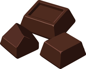 Three dark chocolate pieces stacked on white background