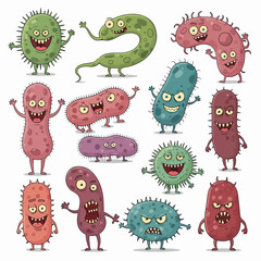 Cartoon viruses. Germ and bacteria with evil faces. Bad pathogen microbe character. Coronavirus and flu disease bacterium monster  set. Illustration character scary virus, microbe and bacteria