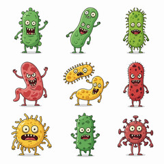 Cartoon viruses. Germ and bacteria with evil faces. Bad pathogen microbe character. Coronavirus and flu disease bacterium monster  set. Illustration character scary virus, microbe and bacteria