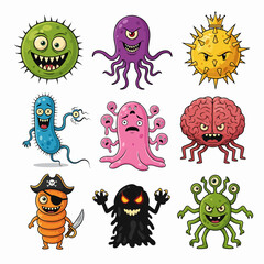 Cartoon bacteria mascot. Virus character, bacterias with funny faces. Color microbes and disease viruses isolated vector illustration set. Monster creature organism, bacteria and microbe