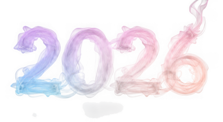 The year 2026 written in colorful smoke, isolated on transparent background