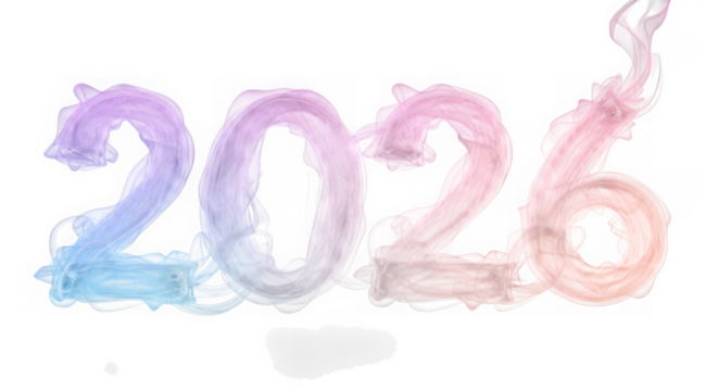 The year 2026 written in colorful smoke, isolated on transparent background