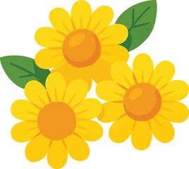 Three yellow daisies with green leaves daisy flower
