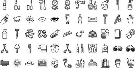 Collection of hand drawn beauty and personal care product icons for makeup and skincare routine