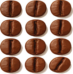 Twelve brown roasted coffee beans arranged in a grid