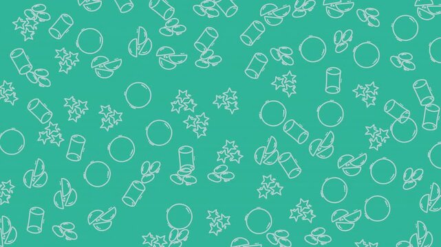 Seamless Pattern of Hand-Drawn Food Items on Teal Background, Digital Illustration, Flat Design, Repetitive Graphic Artwork, Minimalist Style