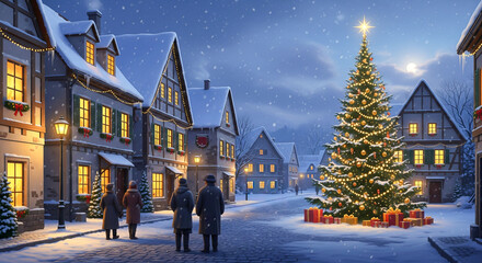 A picturesque European-style village street scene at night with snow falling, illuminated Christmas tree, and people dressed warmly. Use for holiday cards, travel, or seasonal advertisements.