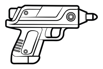 A futuristic blaster firearm outlined boldly is displayed against a white background