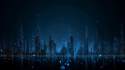 Futuristic digital city skyline glowing with blue lights and data connections - Powered by Adobe