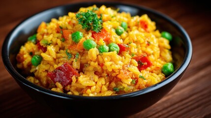 A bowl of rice with vegetables and meat. The bowl is black and the rice is yellow. The vegetables are peas and carrots
