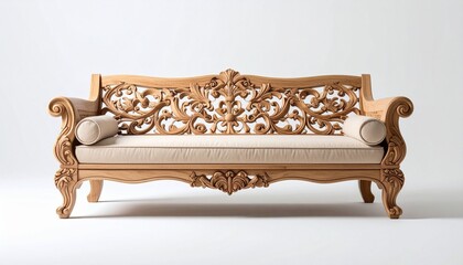 Intricately carved wooden sofa with floral and vine motifs