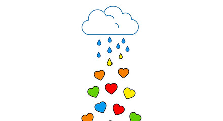 A cartoon cloud raining blue and yellow raindrops with colorful hearts falling on a white background