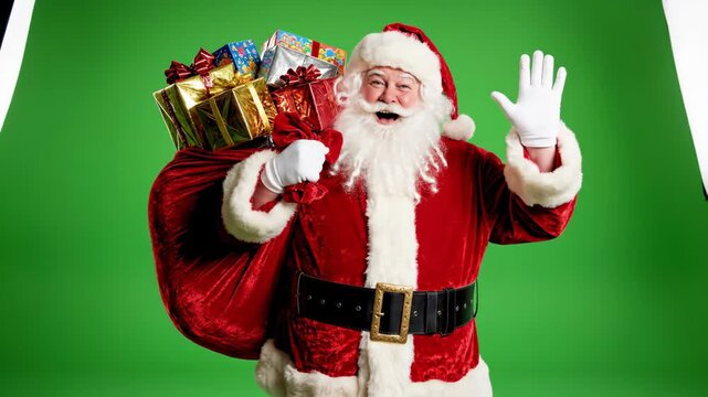 Cheerful Santa Claus with a sack of presents walks and waves at the camera. Character in costume on a green screen for chroma keying. Christmas holiday concept