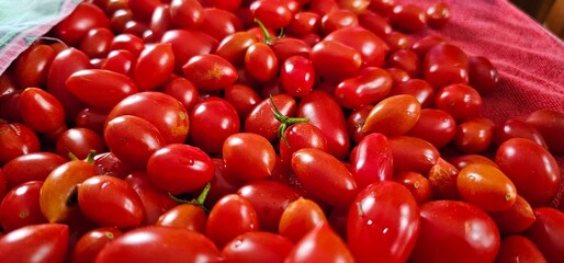 Texture of bright red Pachino tomatoes, coming from Sicily on a hot late summer day