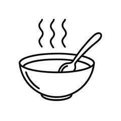 Minimalist Line Art of Steaming Soup Bowl with Spoon &ndash; Black and White Icon for Comfort Food, Cooking, and Hospitality