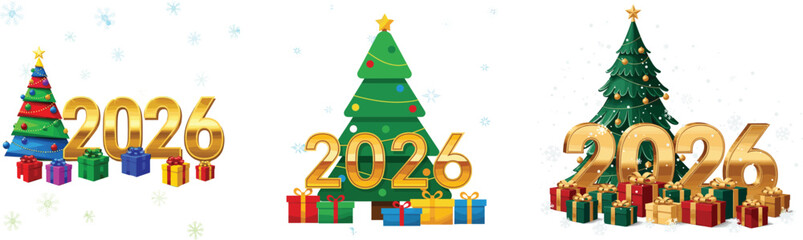 Naklejka premium Happy New Year 2026 Golden Numbers Set with Christmas Trees. Holiday Design Collection with Realistic Gifts and Snowflakes for Greeting Cards