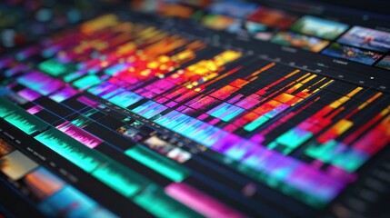 A colorful image of a computer screen with a lot of different colored lines and numbers. The image is of a computer program that is used for editing and creating music
