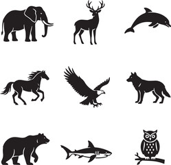 Fototapeta premium Majestic Wild Animals Black Silhouette Vector Icon Set (9 Species)