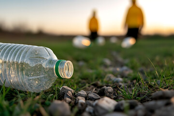 Plastic pollution is a significant environmental issue. This discarded bottle represents our need for more sustainable practices & responsible waste disposal at sunrise.