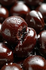 Close-up of decadent chocolate-covered truffles with a bite taken, glistening in a rich syrup