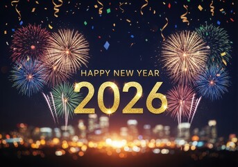 Vibrant 2026 new year celebration fireworks over city skyline festive night sky