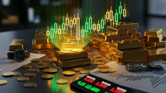 Financial display featuring gold bars, coins, charts, and a stock ticker. Watches enhance the scene - Powered by Adobe