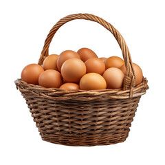 Woven basket full of brown eggs isolated on a transparent background