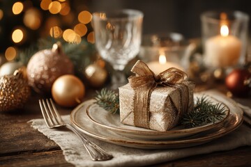 Fototapeta premium A beautifully wrapped Christmas gift with golden ribbon is presented on festive table. The table is decorated with ornaments, candles, creating a warm, cozy scene.