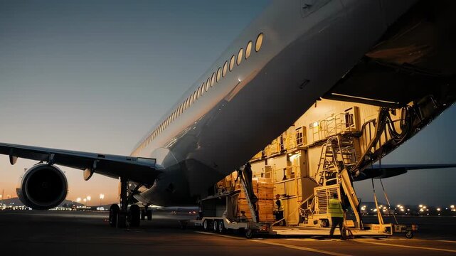 Airport ground crew loading cargo into a jumbo jet at dusk