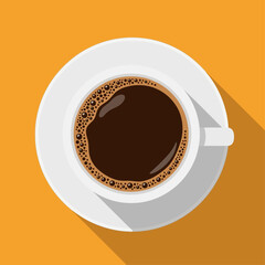 A modern flat design vector illustration of a cup of black coffee seen from a top-down perspective, casting a long shadow on a vibrant orange background