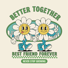 A charming retro cartoon illustration of two daisy characters walking together, symbolizing friendship and positive growth