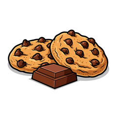 Delicious chocolate chip cookies with a square of chocolate bar. Vector illustration of a sweet baked dessert, isolated graphic design element